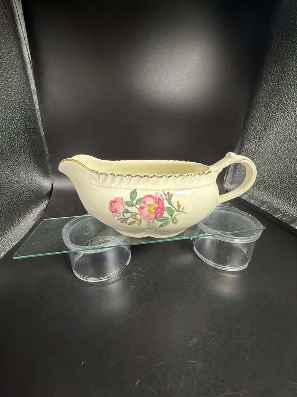 Vintage The Harker Pottery Co. Wild Rose Gravy Sauce Boat with 22kt Gold Trim